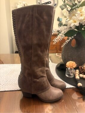 Fergalicious Brown Suede Knee-High Braided-Back Boots
